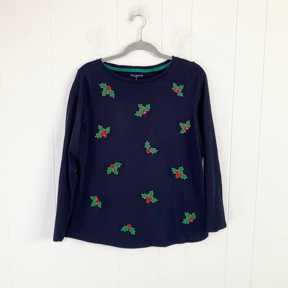 Talbots Plus Navy Blue Holly Sequin Embroidered Cotton Long Sleeve Top Size X